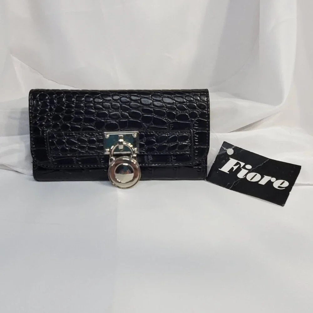 Fiore Black Croc Embossed Wallet With Silver Toned Faux Lock Embellishment NWT